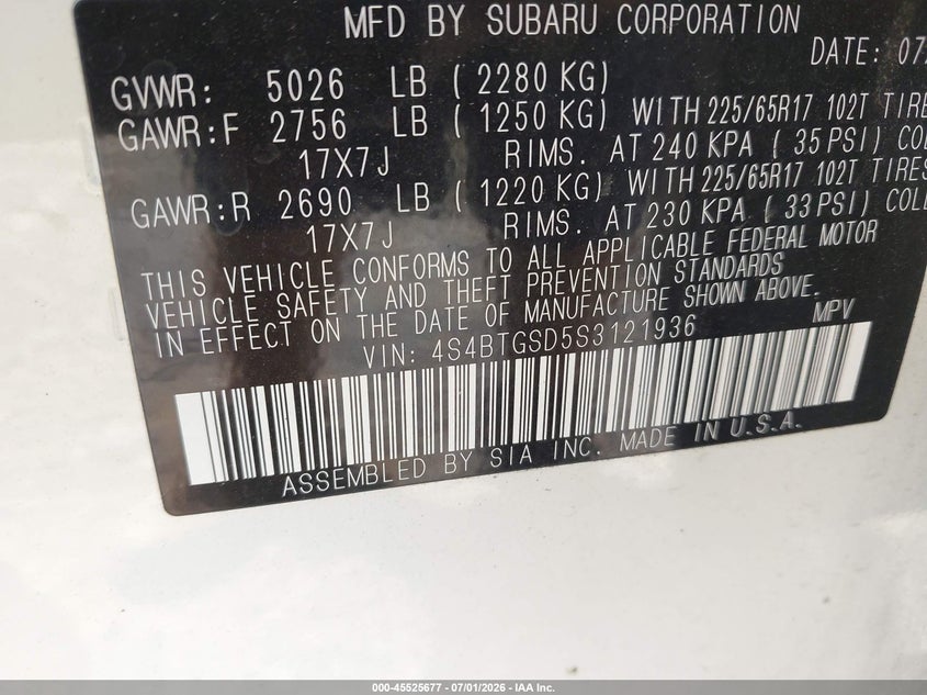 2025 Subaru Outback VIN 4S4BTGSD5S3121936 IAAI salvage auction — REAR END, Salvage Title, sold $9,100 on 2026-07-31 (photo 9)