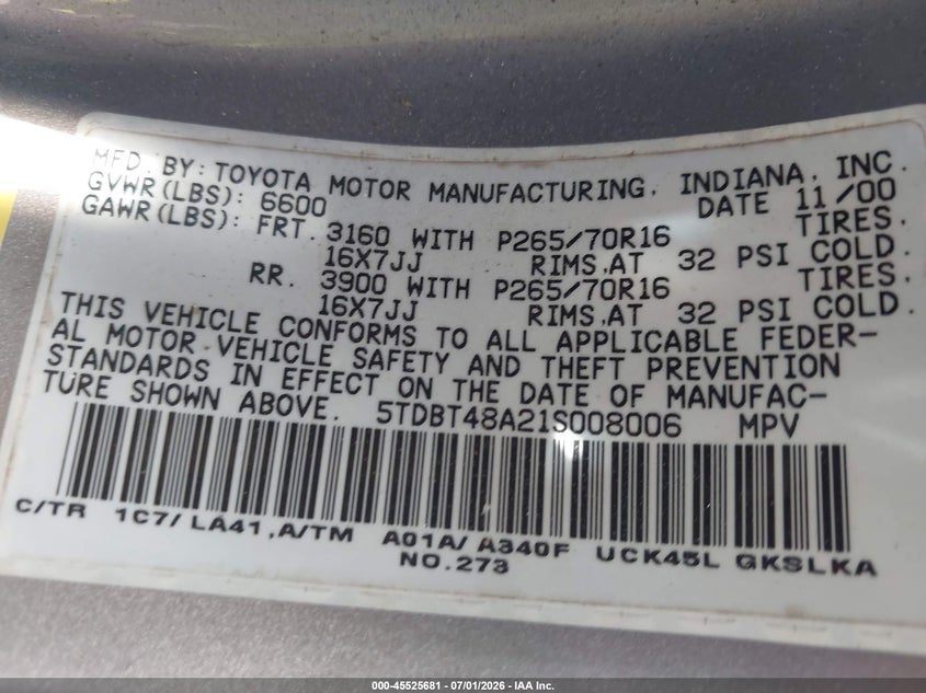 2001 Toyota Sequoia VIN 5TDBT48A21S008006 IAAI salvage auction — NORMAL WEAR, Clear (Massachusetts), sold $225 on 2026-07-14 (photo 9)