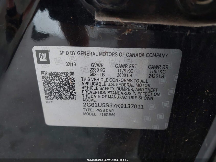 2019 Cadillac Xts VIN 2G61U5S37K9137011 IAAI salvage auction — REAR END, Rebuildable (Florida), sold $2,100 on 2026-07-23 (photo 9)