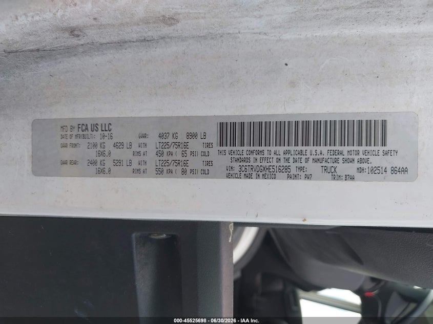 2017 Ram Promaster city VIN 3C6TRVDGXHE516285 IAAI salvage auction — NORMAL WEAR, Clear (Florida), sold $1,050 on 2026-07-09 (photo 9)