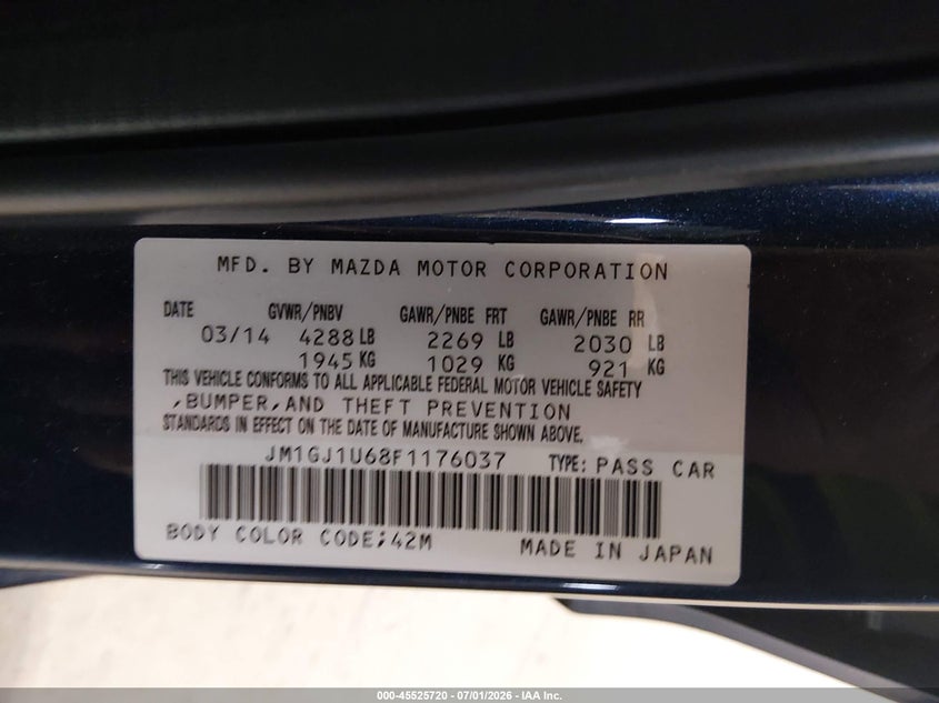 2015 Mazda 6 VIN JM1GJ1U68F1176037 IAAI salvage auction — LEFT SIDE, Salvage (Pennsylvania), sold $875 on 2026-07-22 (photo 9)