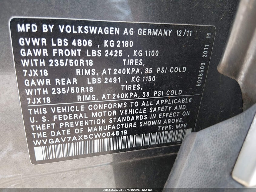 2012 Volkswagen Tiguan VIN WVGAV7AX5CW004519 IAAI salvage auction — LEFT REAR, Clear (Tennessee), sold $1,100 on 2026-08-13 (photo 9)