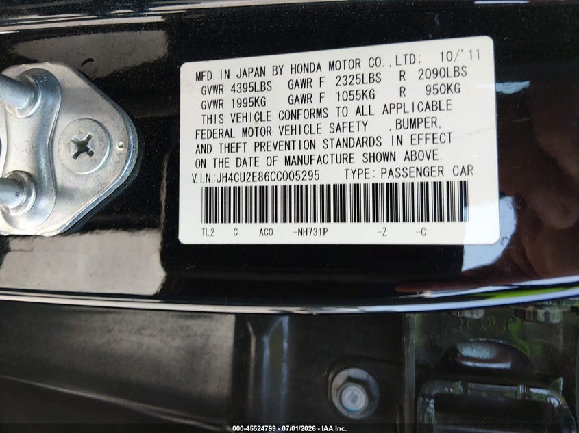 2012 Acura Tsx VIN JH4CU2E86CC005295 IAAI salvage auction — NORMAL WEAR, Clear - Dealer Only (California), sold $1,650 on 2026-07-13 (photo 9)