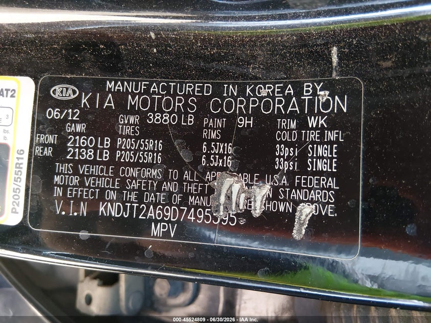 2013 Kia Soul VIN KNDJT2A69D7495595 IAAI salvage auction — NORMAL WEAR, Clear-Dealer Only (Arizona), sold $1,100 on 2026-07-07 (photo 9)