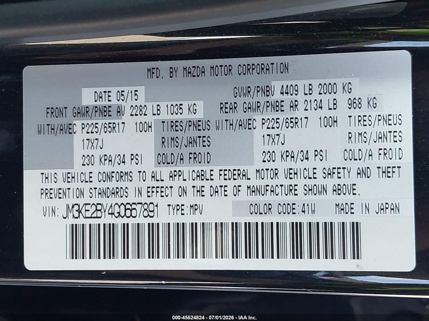 2016 Mazda Cx-5 VIN JM3KE2BY4G0667891 IAAI salvage auction — REAR END, Salvage Title, sold $1,800 on 2026-07-23 (photo 9)