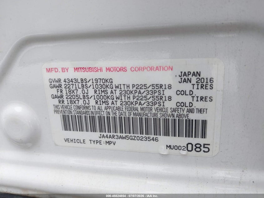 2016 Mitsubishi Outlander VIN JA4AR3AW5GZ023546 IAAI salvage auction — NORMAL WEAR, Clear (Pennsylvania), sold $550 on 2026-07-15 (photo 9)