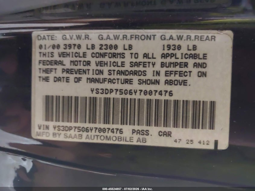2000 Saab 9-3 VIN YS3DP75G6Y7007476 IAAI salvage auction — NORMAL WEAR, Clear (Pennsylvania), sold $250 on 2026-07-08 (photo 9)