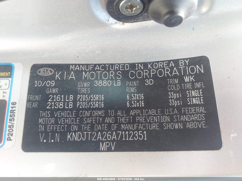 2010 Kia Soul VIN KNDJT2A26A7112351 IAAI salvage auction — NORMAL WEAR, Original (Ohio), sold $350 on 2026-07-28 (photo 9)
