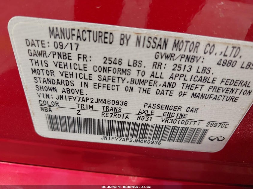 2018 Infiniti Q50 VIN JN1FV7AP2JM460936 IAAI salvage auction — FRONT END, Clear (Virginia), sold $8,200 on 2026-07-08 (photo 9)