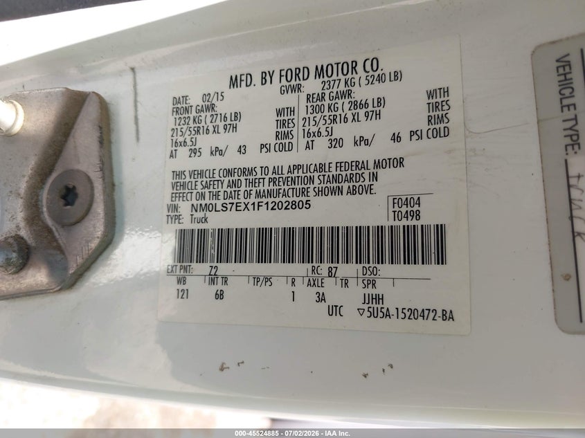 2015 Ford Transit VIN NM0LS7EX1F1202805 IAAI salvage auction — FRONT END, Salvage (Ohio), sold $25 on 2026-07-30 (photo 9)