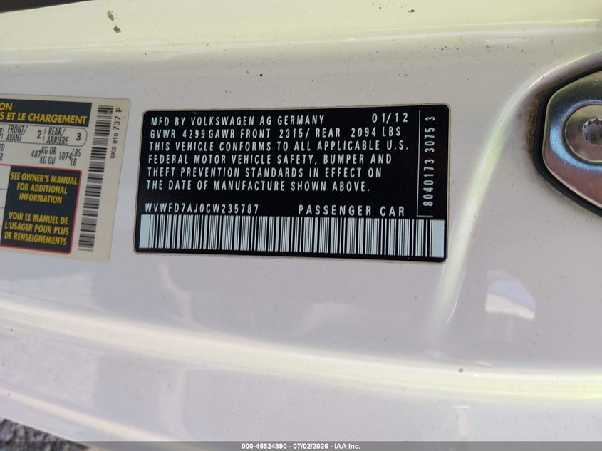 2012 Volkswagen Gti VIN WVWFD7AJ0CW235787 IAAI salvage auction — FRONT & REAR, Salvage (South Carolina), sold $25 on 2026-07-28 (photo 9)