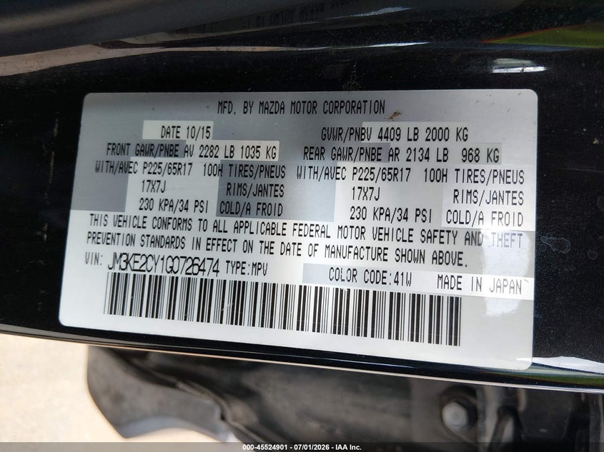 2016 Mazda Cx-5 VIN JM3KE2CY1G0726474 IAAI salvage auction — REAR END, Salvage (Mississippi), sold $1,950 on 2026-07-23 (photo 9)