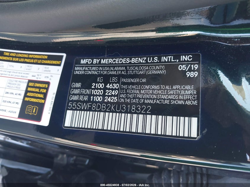 2019 Mercedes-benz C-klasse VIN 55SWF8DB2KU318322 IAAI salvage auction — FRONT END, Rebuildable (Florida), sold $8,300 on 2026-07-29 (photo 9)