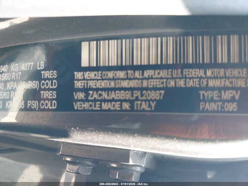 2020 Jeep Renegade VIN ZACNJABB9LPL20887 IAAI salvage auction — FRONT & REAR, Salvage (Pennsylvania), sold $975 on 2026-08-21 (photo 9)