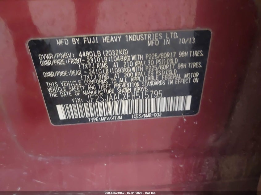 2014 Subaru Forester VIN JF2SJAACXEH515795 IAAI salvage auction — LEFT FRONT, Salvage Title, sold $675 on 2026-07-22 (photo 9)