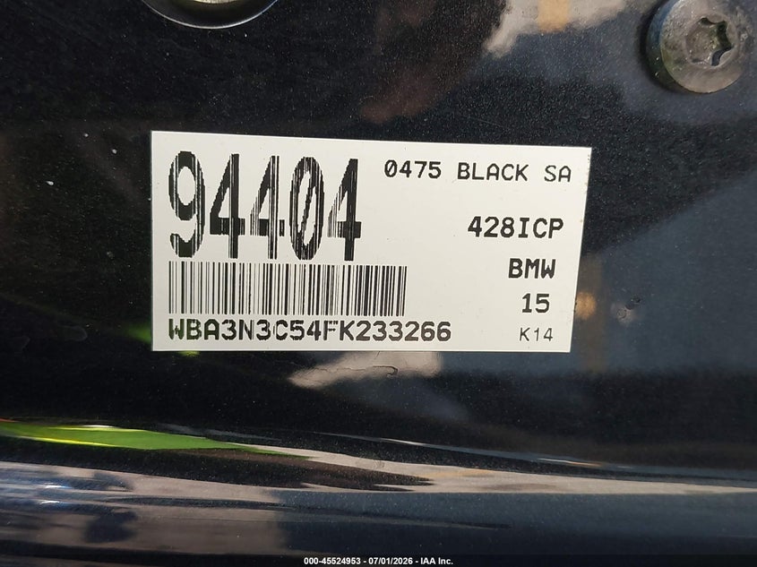 2015 BMW 4er VIN WBA3N3C54FK233266 IAAI salvage auction — FRONT END, Salvage Title, sold $600 on 2026-08-15 (photo 9)