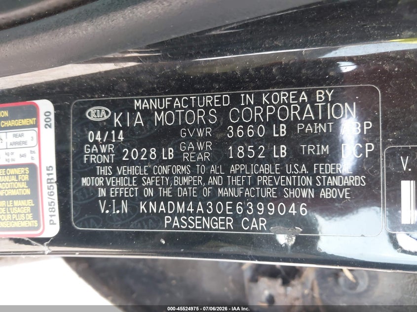 2014 Kia Rio VIN KNADM4A30E6399046 IAAI salvage auction — NORMAL WEAR, Clear (Illinois), sold $225 on 2026-07-29 (photo 9)