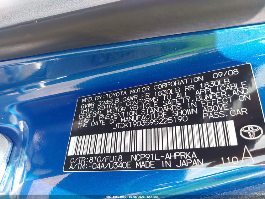 2009 Toyota Yaris VIN JTDKT903595225190 IAAI salvage auction — NORMAL WEAR, Clear (Virginia), sold $2,150 on 2026-07-15 (photo 9)