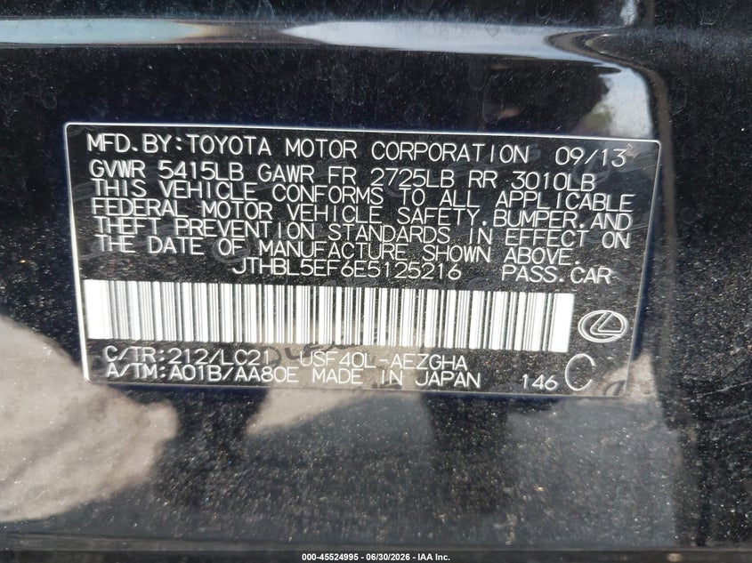 2014 Lexus Ls VIN JTHBL5EF6E5125216 IAAI salvage auction — NORMAL WEAR, Clear (Florida), sold $5,525 on 2026-07-15 (photo 9)