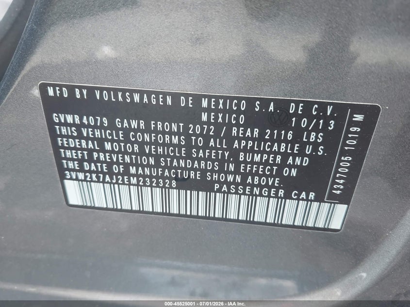 2014 Volkswagen Jetta VIN 3VW2K7AJ2EM232328 IAAI salvage auction — LEFT FRONT, Salvage Title, sold $1,350 on 2026-07-19 (photo 9)