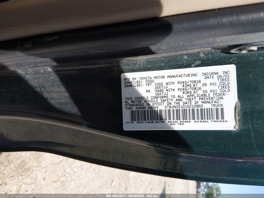 2001 Toyota Tundra VIN 5TBJN32101S210960 IAAI salvage auction — NORMAL WEAR, Clear (Maryland), sold $2,450 on 2026-07-09 (photo 9)