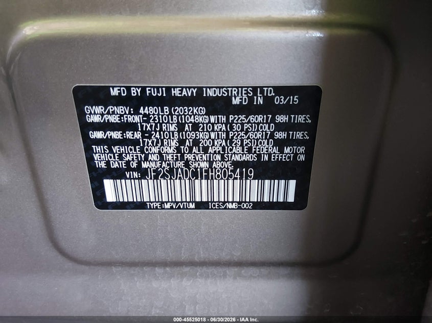 2015 Subaru Forester VIN JF2SJADC1FH805419 IAAI salvage auction — NORMAL WEAR, Clear-Dealer Only (Arizona), sold $1,700 on 2026-07-28 (photo 9)