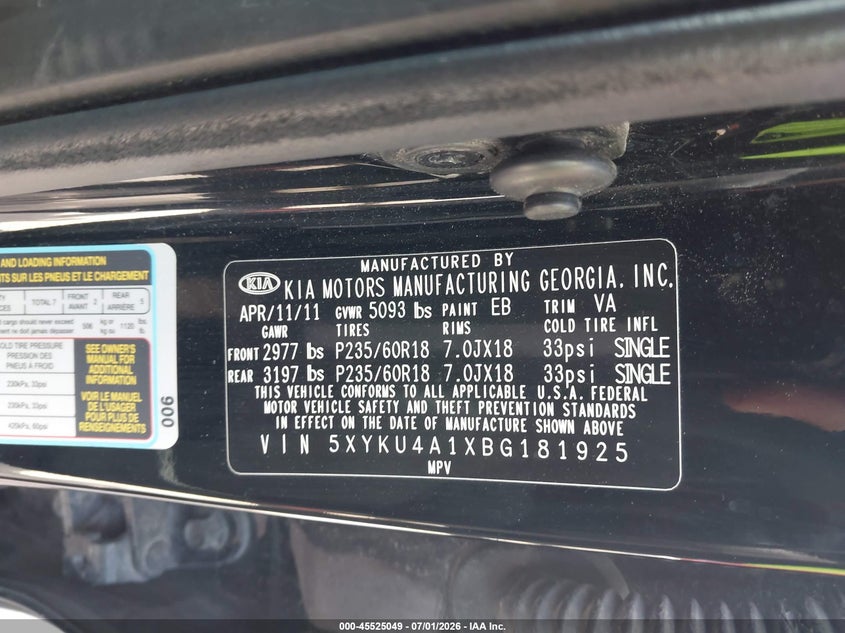 2011 Kia Sorento VIN 5XYKU4A1XBG181925 IAAI salvage auction — NORMAL WEAR, Original (Texas), sold $1,100 on 2026-07-14 (photo 9)