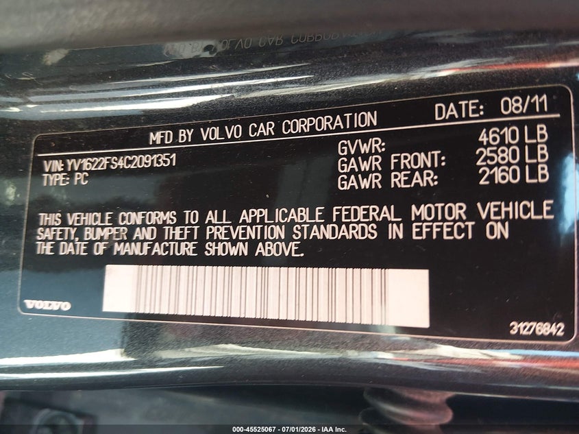 2012 Volvo S60 VIN YV1622FS4C2091351 IAAI salvage auction — NORMAL WEAR, Salvage Title, sold $325 on 2026-07-28 (photo 9)