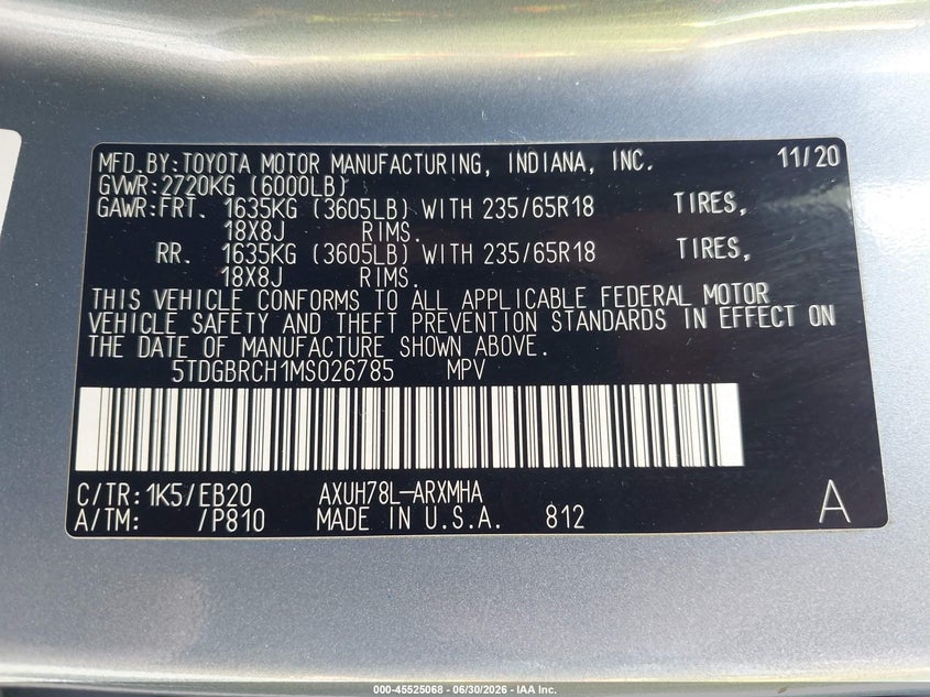 2021 Toyota Highlander VIN 5TDGBRCH1MS026785 IAAI salvage auction — RIGHT FRONT, Salvage Title, sold $14,000 on 2026-07-29 (photo 9)
