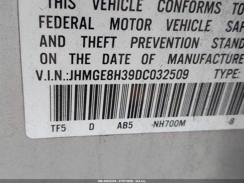 2013 Honda Fit VIN JHMGE8H39DC032509 IAAI salvage auction — REAR END, Clear (Virginia), sold $1,350 on 2026-07-27 (photo 9)