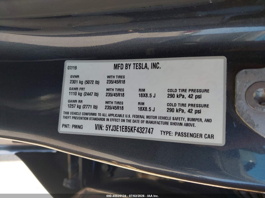 2019 Tesla Model 3 VIN 5YJ3E1EB5KF432747 IAAI salvage auction — HAIL, Salvage Title, sold $6,700 on 2026-07-28 (photo 9)