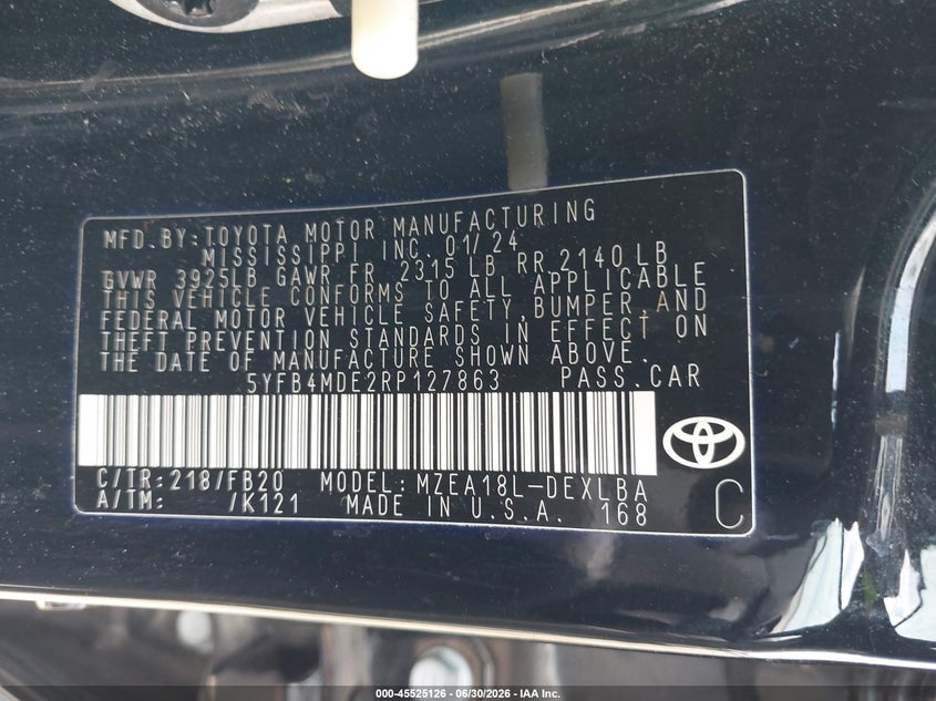 2024 Toyota Corolla VIN 5YFB4MDE2RP127863 IAAI salvage auction — FRONT END, Clear (Florida), sold $9,800 on 2026-07-10 (photo 9)
