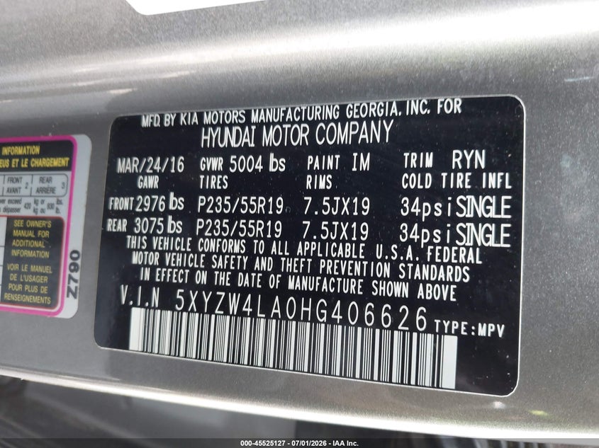 2017 Hyundai Santa fe VIN 5XYZW4LA0HG406626 IAAI salvage auction — NORMAL WEAR, Repossession Paperwork (Georgia), sold $25 on 2026-07-29 (photo 9)