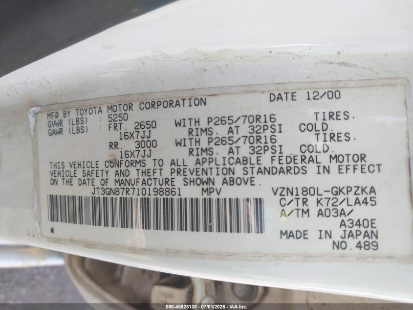 2001 Toyota 4runner VIN JT3GN87R710198861 IAAI salvage auction — LEFT FRONT, Salvage (Alabama), sold $1,350 on 2026-07-13 (photo 9)