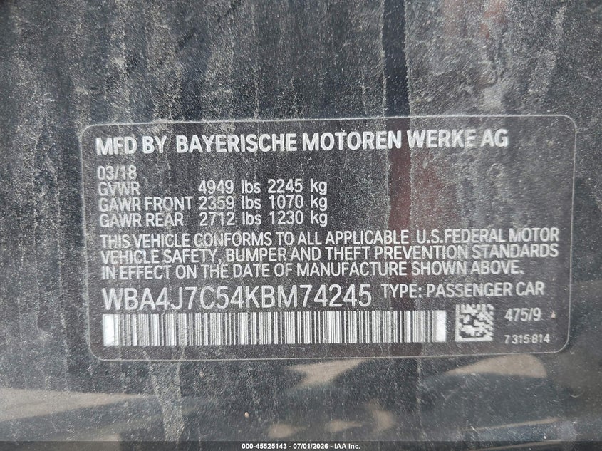 2019 BMW 4er VIN WBA4J7C54KBM74245 IAAI salvage auction — FRONT & REAR, Salvage Title, sold $8,250 on 2026-07-28 (photo 9)