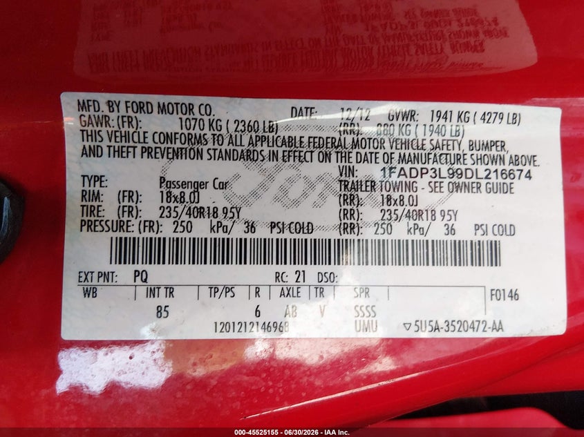 2013 Ford Focus st VIN 1FADP3L99DL216674 IAAI salvage auction — NORMAL WEAR, Clear (Georgia), sold $2,100 on 2026-07-09 (photo 9)