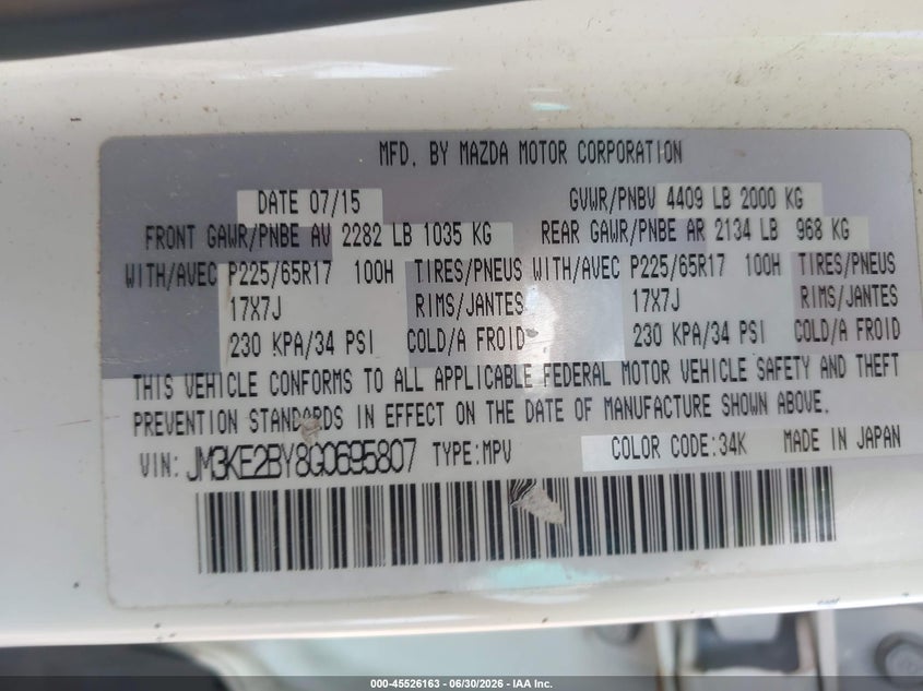 2016 Mazda Cx-5 VIN JM3KE2BY8G0695807 IAAI salvage auction — REAR END, Salvage (Ohio), sold $1,900 on 2026-07-30 (photo 9)