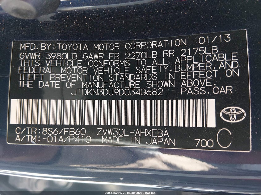 2013 Toyota Prius VIN JTDKN3DU9D0340682 IAAI salvage auction — NORMAL WEAR, Salvage Title, sold $25 on 2026-07-28 (photo 9)
