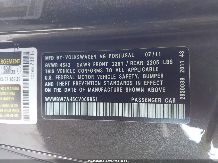 2012 Volkswagen Eos VIN WVWBW7AH5CV008851 IAAI salvage auction — FRONT END, Salvage Title, sold $725 on 2026-07-22 (photo 9)