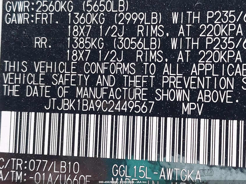 2012 Lexus Rx VIN JTJBK1BA9C2449567 IAAI salvage auction — FRONT END, Salvage (Virginia), sold $4,850 on 2026-07-28 (photo 9)