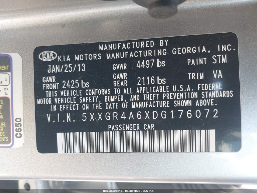 2013 Kia Optima VIN 5XXGR4A6XDG176072 IAAI salvage auction — NORMAL WEAR, Clear - Dealer Only (California), sold $400 on 2026-07-08 (photo 9)