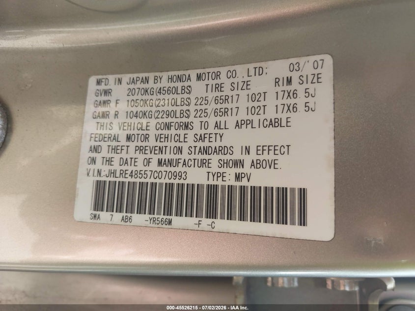 2007 Honda Cr-v VIN JHLRE48557C070993 IAAI salvage auction — NORMAL WEAR, Clear (Rhode Island), sold $2,050 on 2026-07-07 (photo 9)