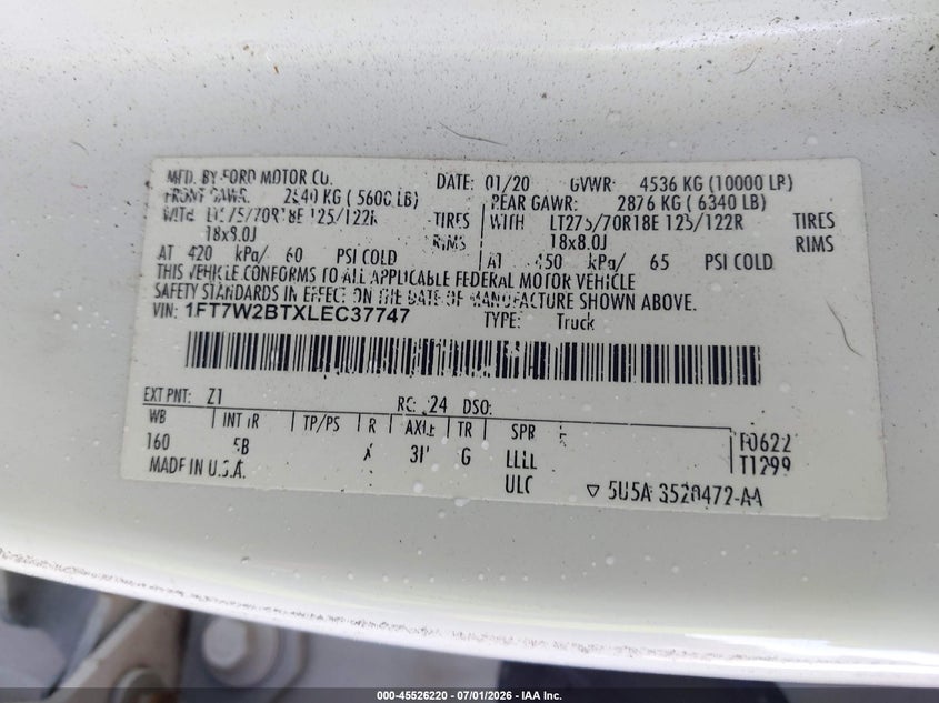 2020 Ford F250 VIN 1FT7W2BTXLEC37747 IAAI salvage auction — WATER/FLOOD, Certificate Of Destruction (Florida), sold $11,100 on 2026-07-27 (photo 9)