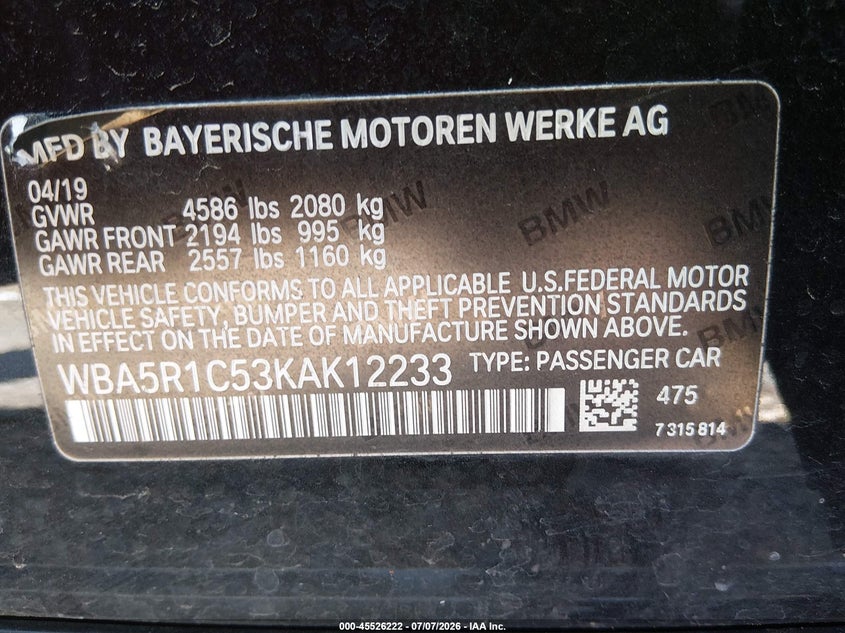 2019 BMW 3er VIN WBA5R1C53KAK12233 IAAI salvage auction — FRONT END, Salvage (Mississippi), sold $1,600 on 2026-08-12 (photo 9)