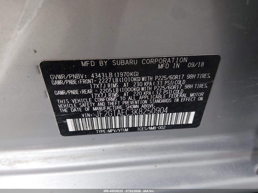 2019 Subaru Xv VIN JF2GTAEC3K8250904 IAAI salvage auction — WATER/FLOOD, Rebuildable (Florida), sold $1,250 on 2026-07-28 (photo 9)