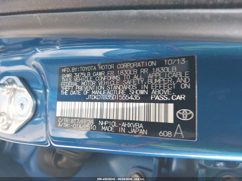 2013 Toyota Prius c VIN JTDKDTB35D1555435 IAAI salvage auction — UNKNOWN, Salvage Title - Dealer (California), sold $2,200 on 2026-07-22 (photo 9)