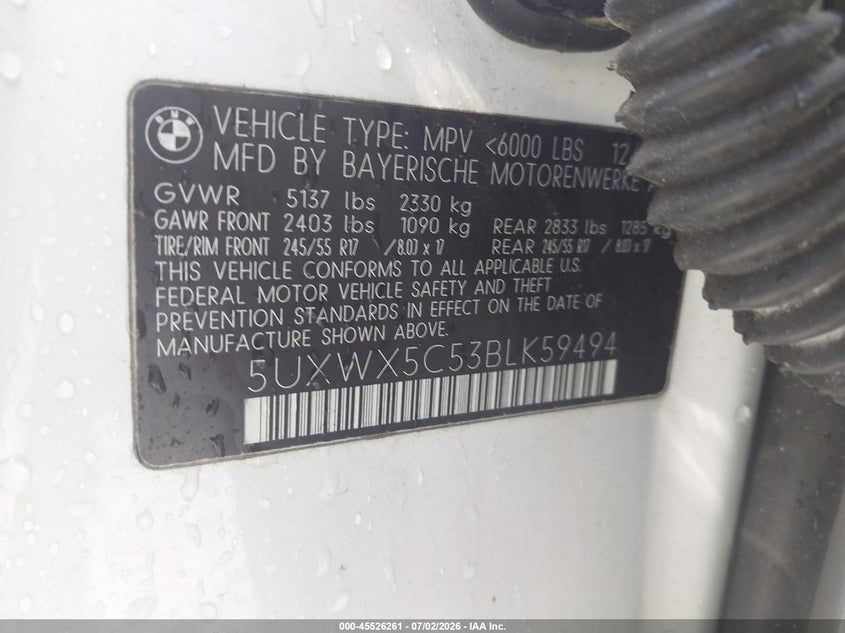 2011 BMW X3 VIN 5UXWX5C53BLK59494 IAAI salvage auction — NORMAL WEAR, Repossession Paperwork (Georgia), sold $300 on 2026-07-28 (photo 9)