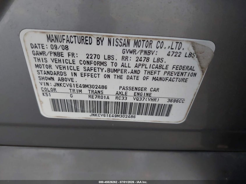 2009 Infiniti G37 VIN JNKCV61E49M302486 IAAI salvage auction — NORMAL WEAR, Clear (Virginia), sold $975 on 2026-07-24 (photo 9)