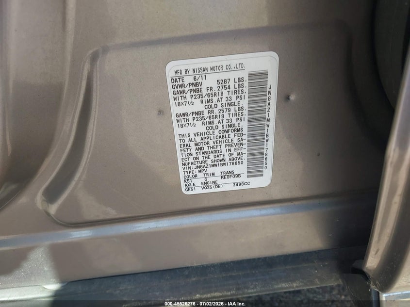 2011 Nissan Murano VIN JN8AZ1MW1BW178650 IAAI salvage auction — NORMAL WEAR, Clear (Massachusetts), sold $400 on 2026-07-17 (photo 9)