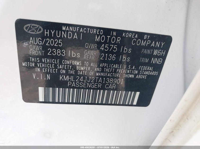 2026 Hyundai Sonata VIN KMHL24JJ2TA138901 IAAI salvage auction — WATER/FLOOD, Rebuildable (Florida), sold $7,650 on 2026-07-16 (photo 9)